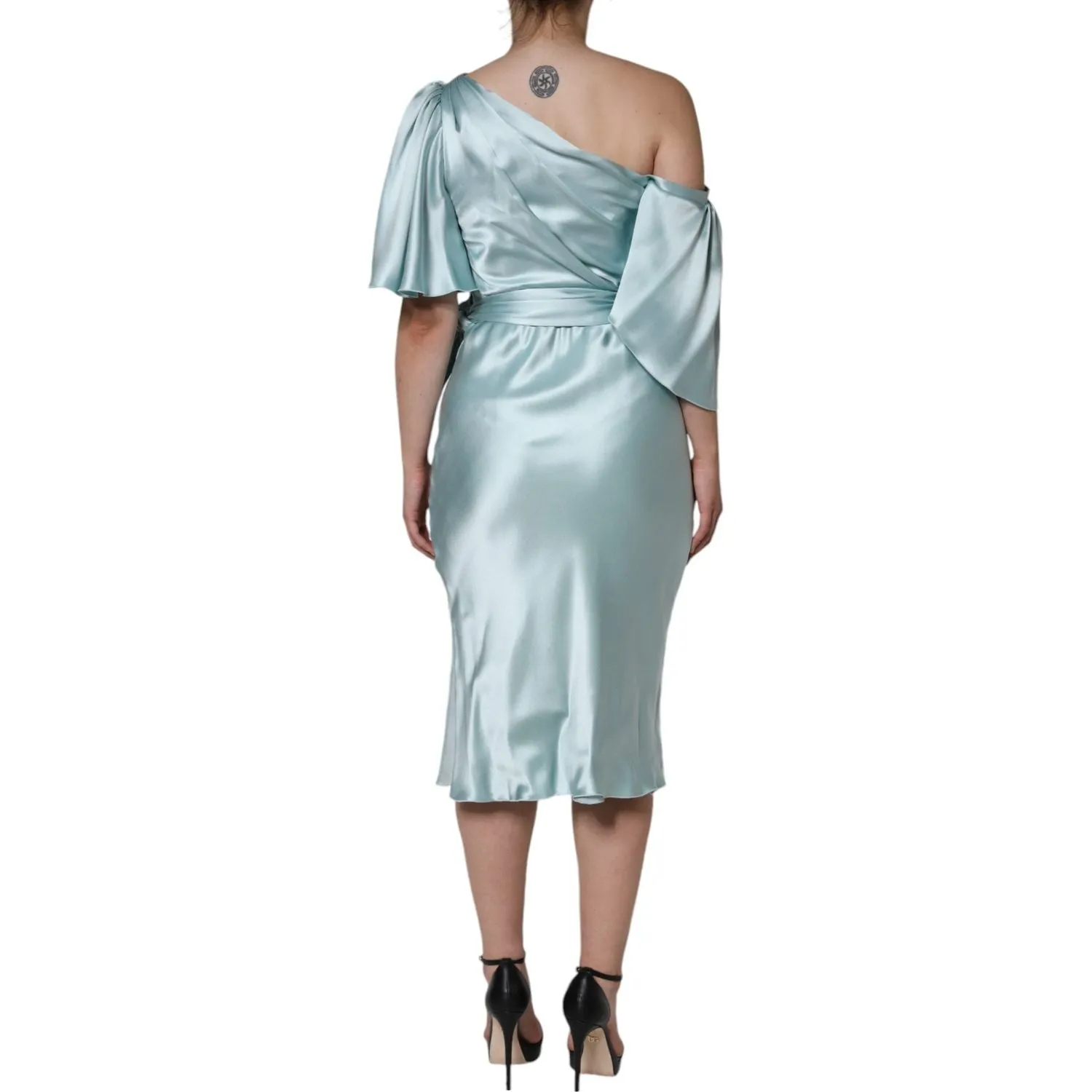 Dolce & Gabbana Mint Green Silk Fit Cut One Shoulder Dress