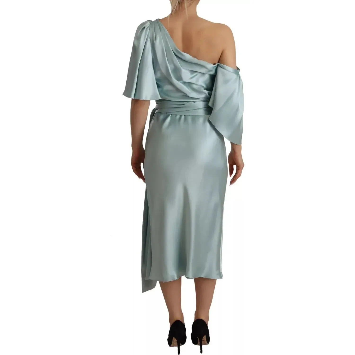 Dolce & Gabbana Silk Mint Green Fit Cut One Shoulder Midi Dress