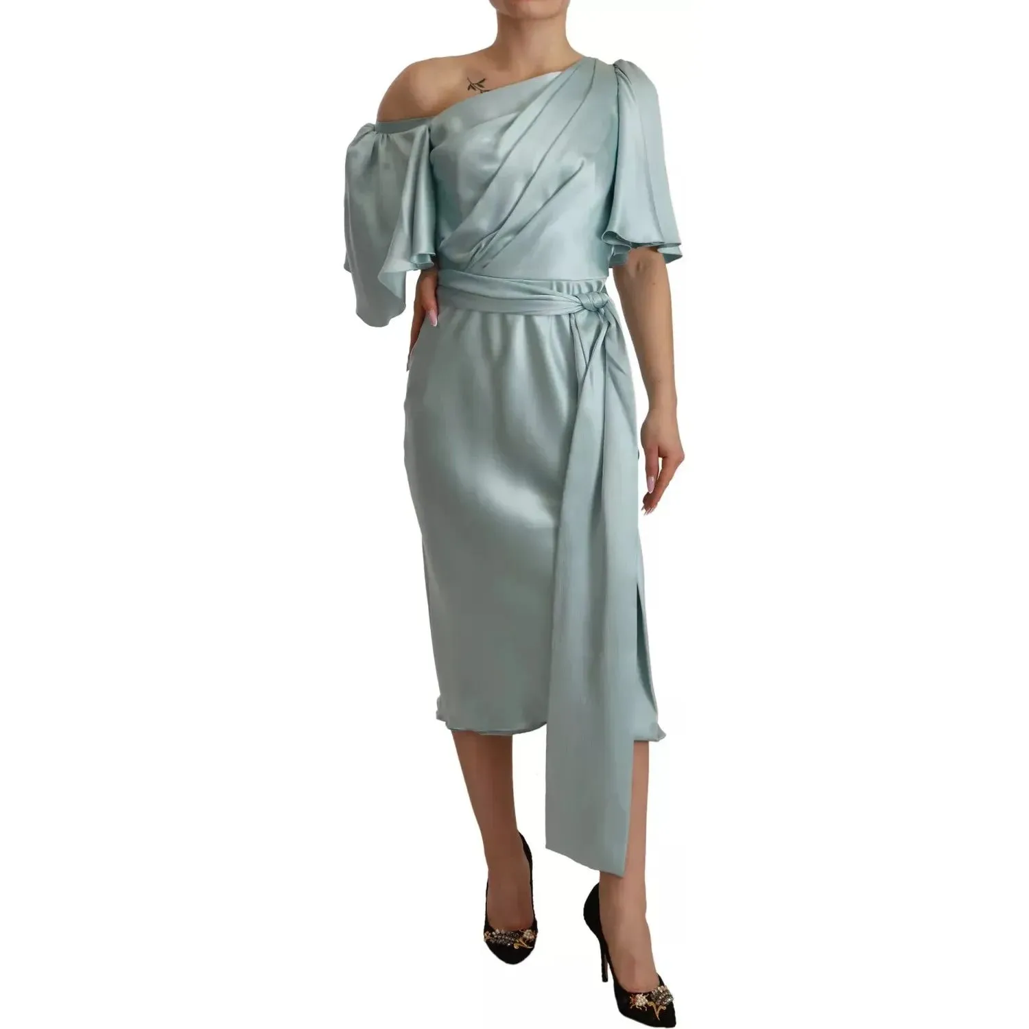 Dolce & Gabbana Silk Mint Green Fit Cut One Shoulder Midi Dress