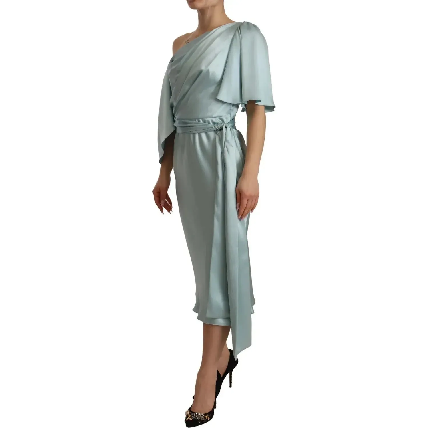 Dolce & Gabbana Silk Mint Green Fit Cut One Shoulder Midi Dress