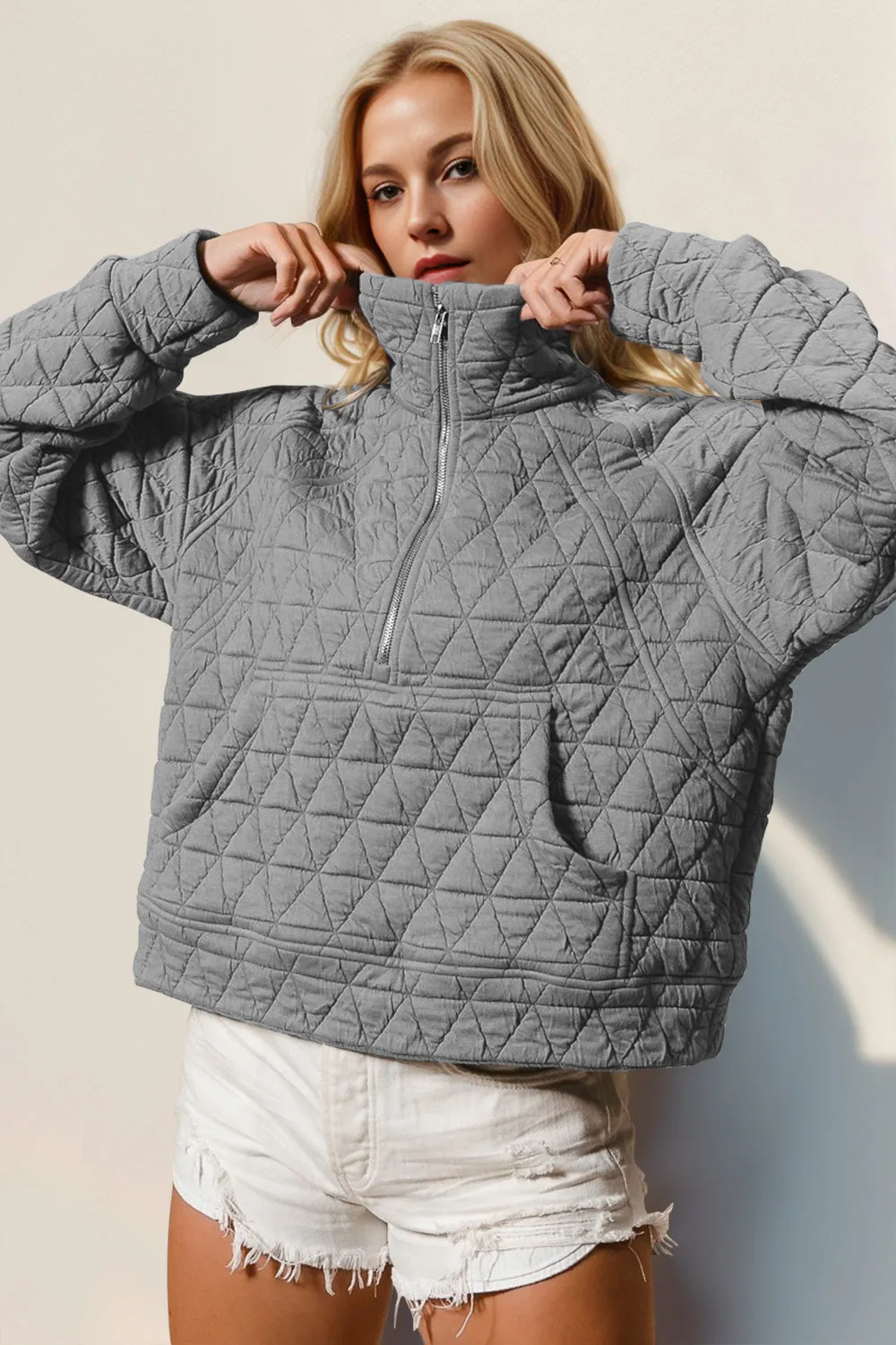 Double Take Half Zip Long Sleeve Quilted Sweatshirt with Pocket - 5 Colors