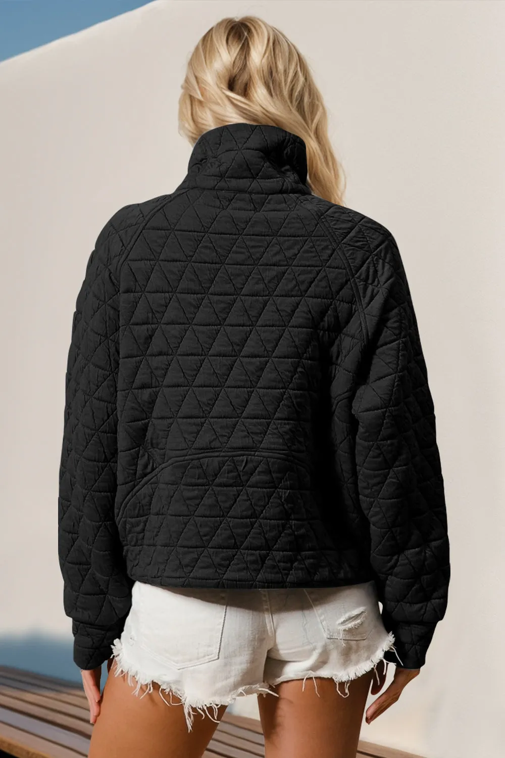 Double Take Half Zip Long Sleeve Quilted Sweatshirt with Pocket - 5 Colors