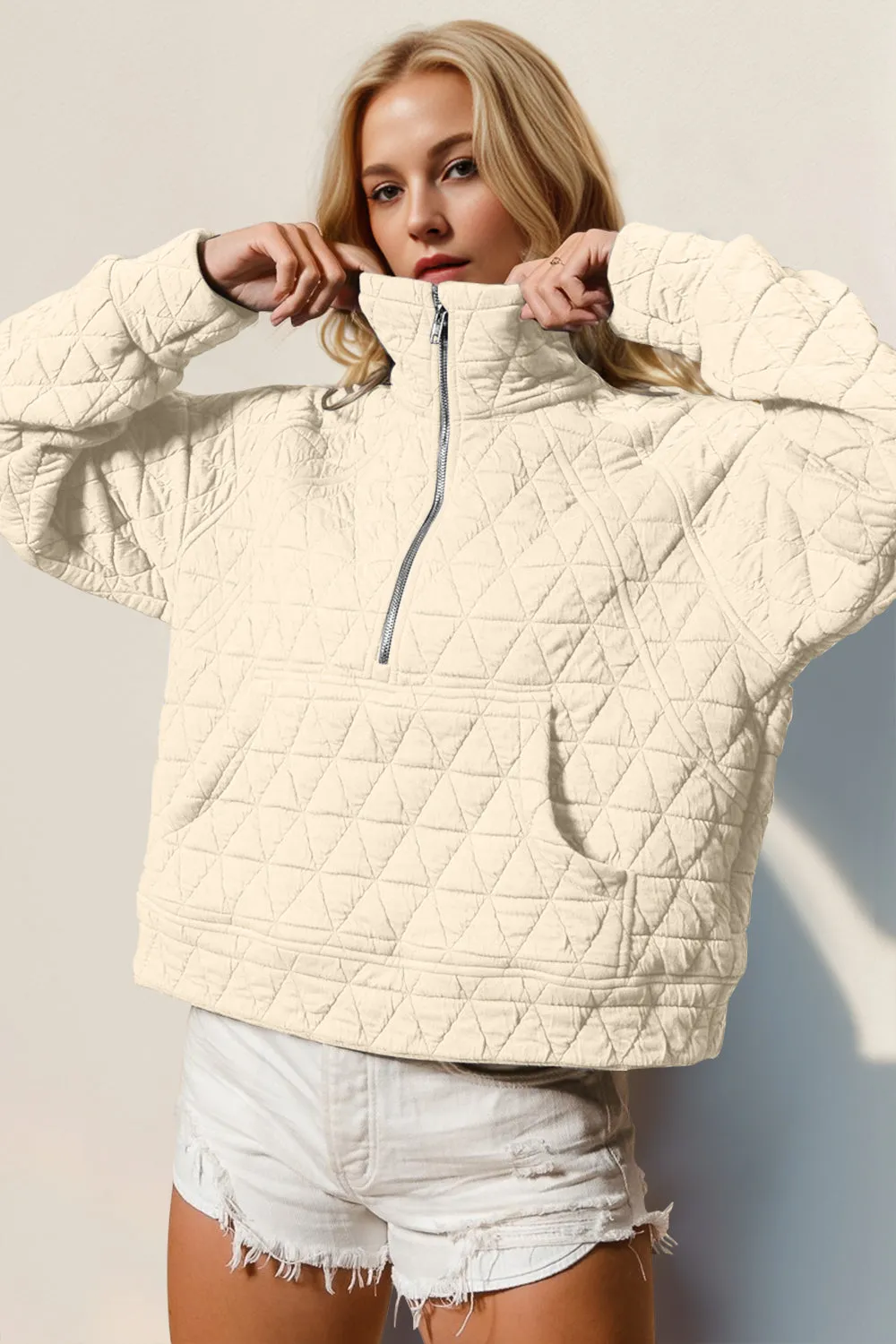 Double Take Half Zip Long Sleeve Quilted Sweatshirt with Pocket - 5 Colors