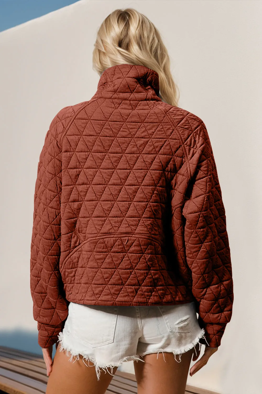 Double Take Half Zip Long Sleeve Quilted Sweatshirt with Pocket - 5 Colors