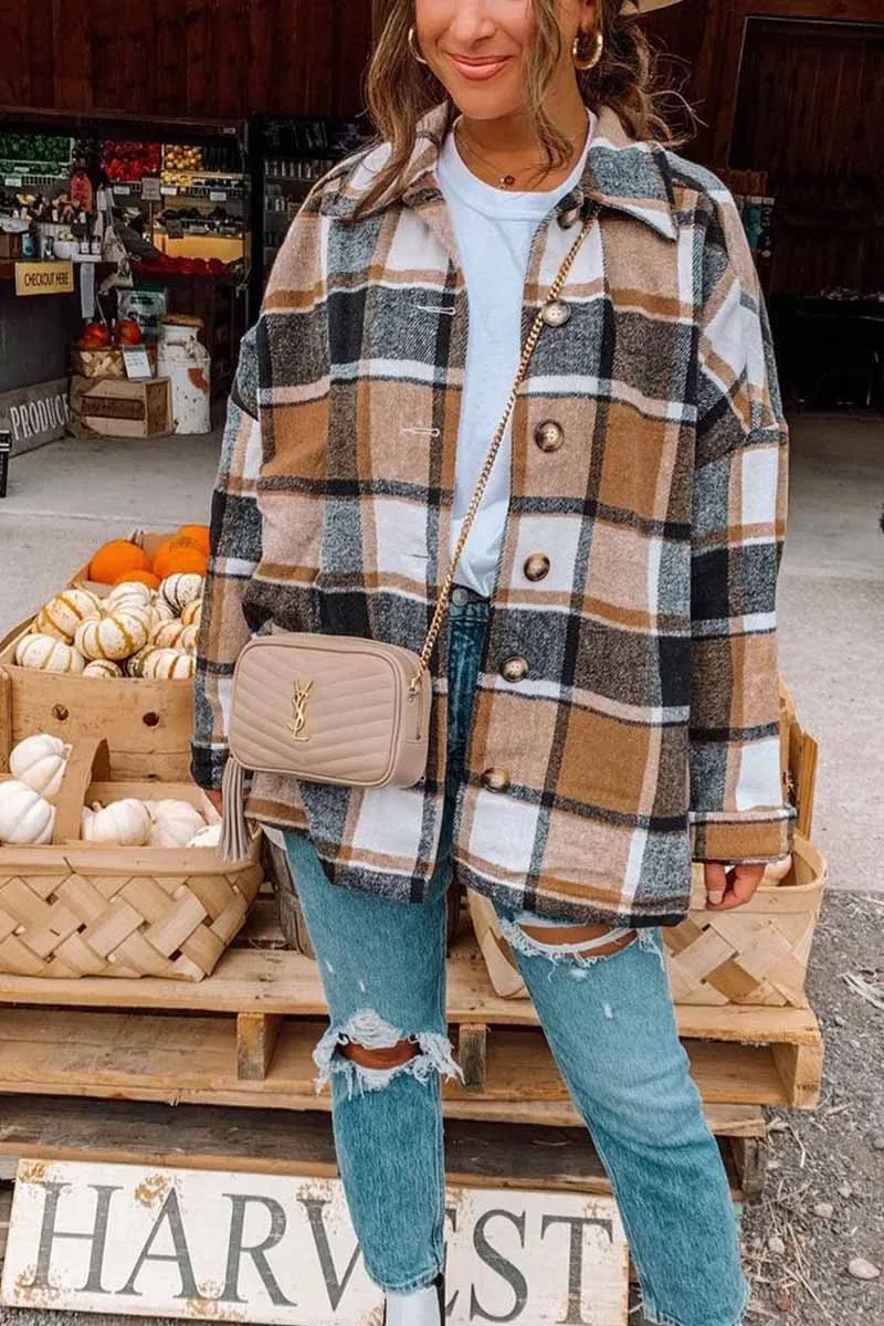 Dunnmall Fashion Big Plaid Coat Woolen Coat Tops