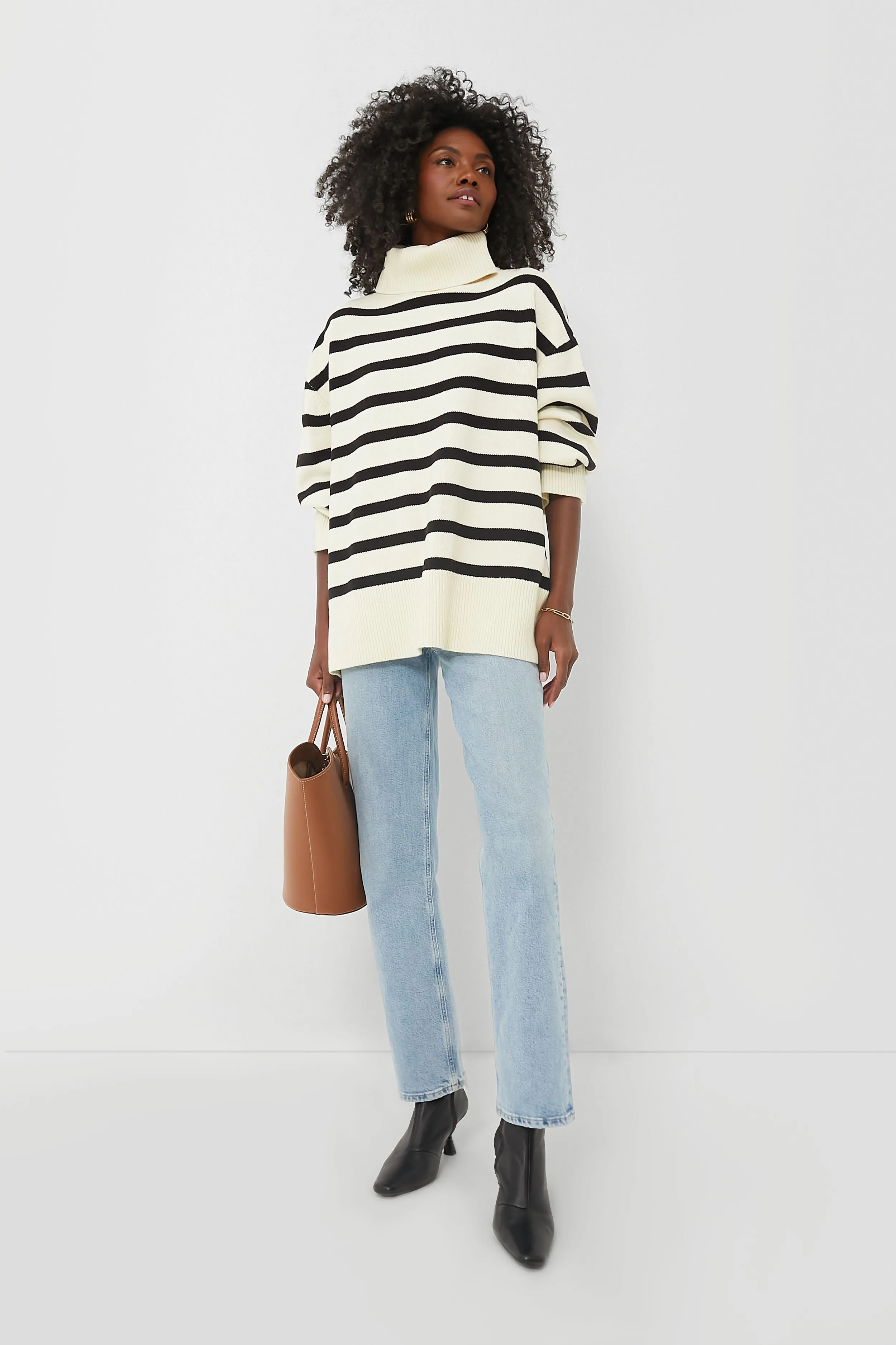 Ecru and Black Striped Turtleneck Sweater