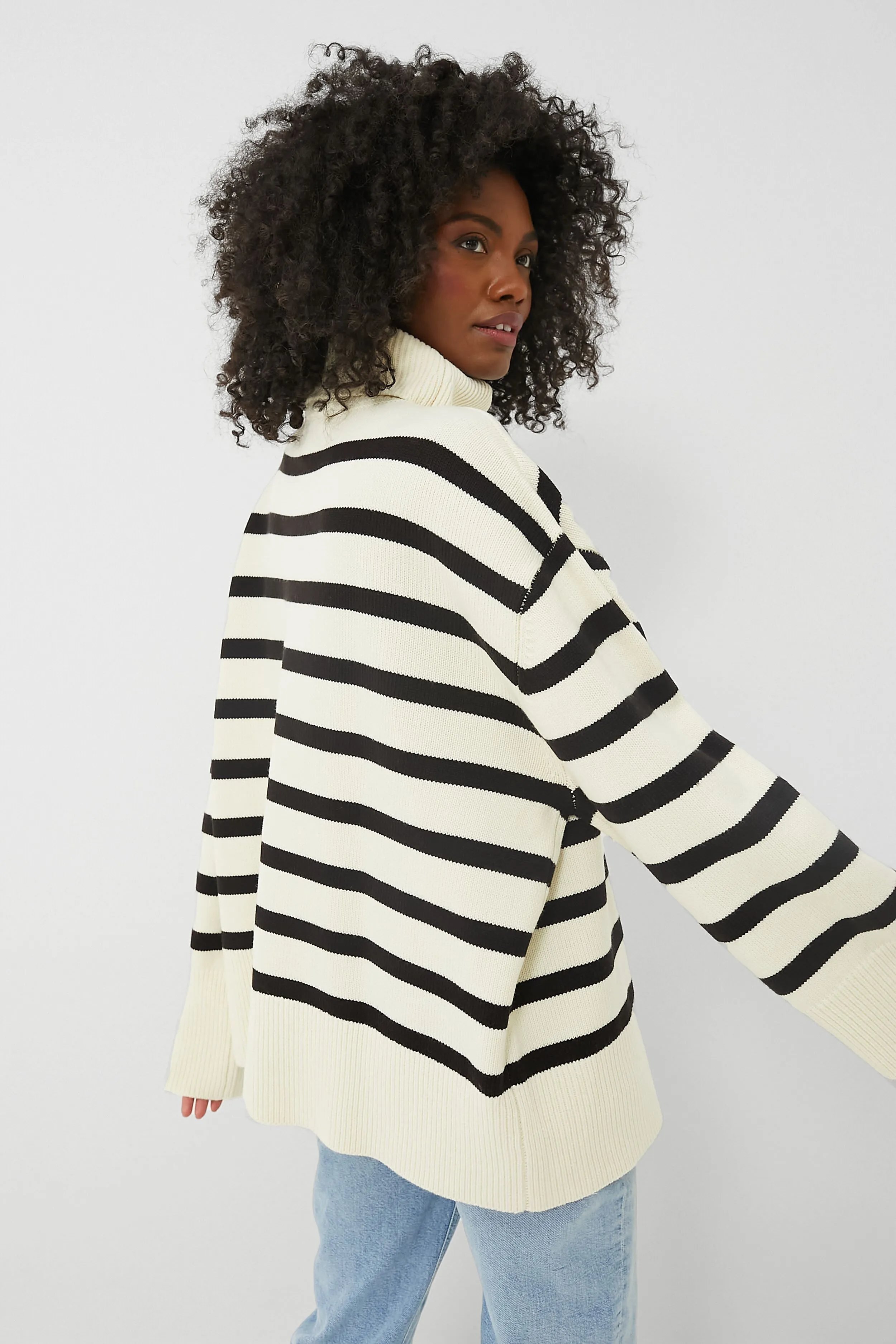 Ecru and Black Striped Turtleneck Sweater