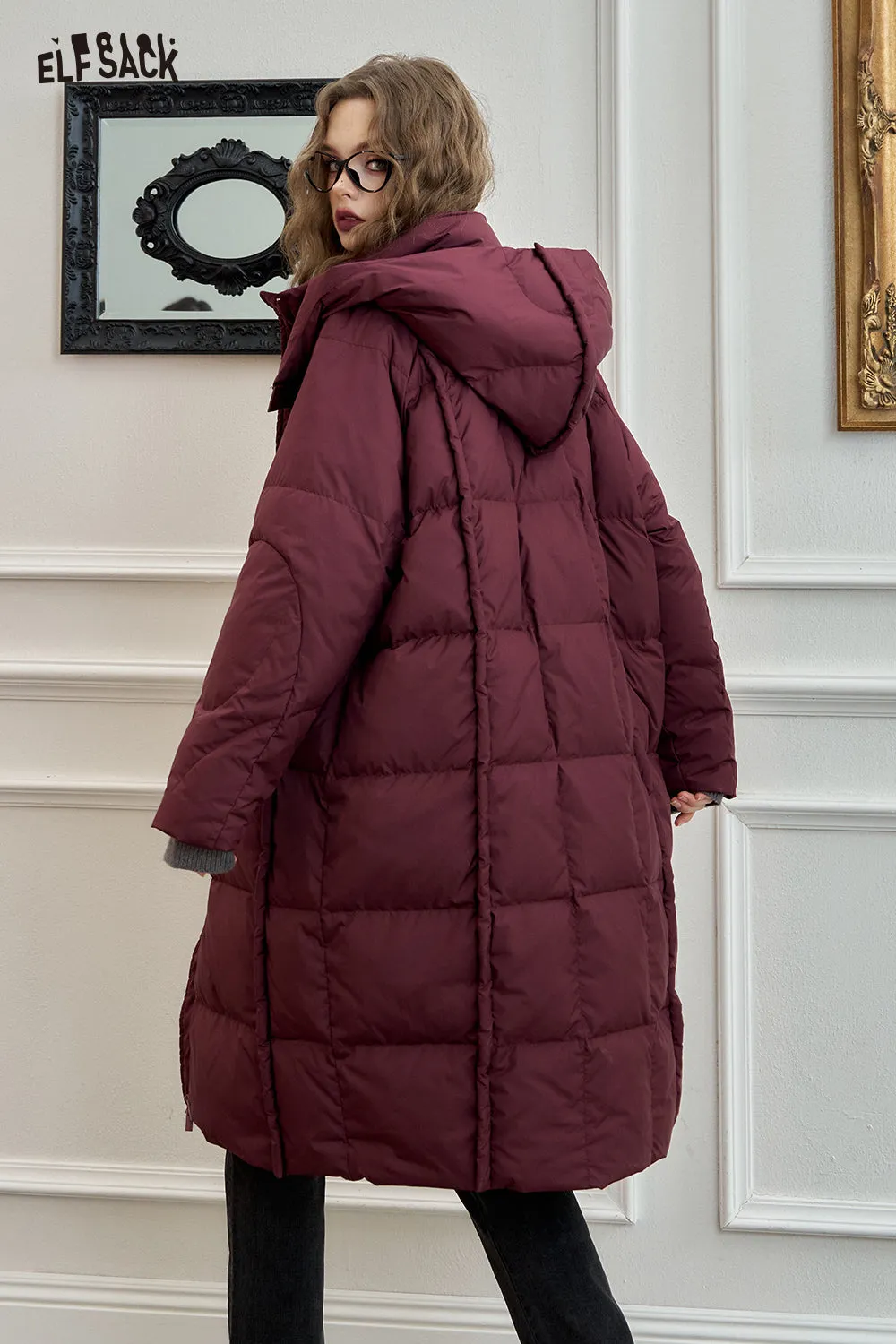 ELFSACK 2024 Winter New Arrivals Simple hooded long down jacket for women loose straight thick warm coat