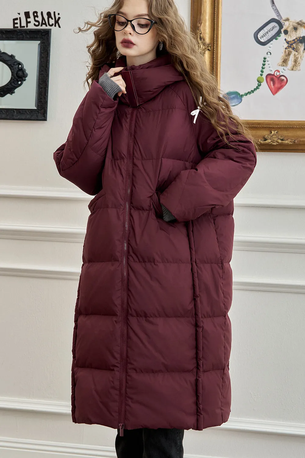 ELFSACK 2024 Winter New Arrivals Simple hooded long down jacket for women loose straight thick warm coat