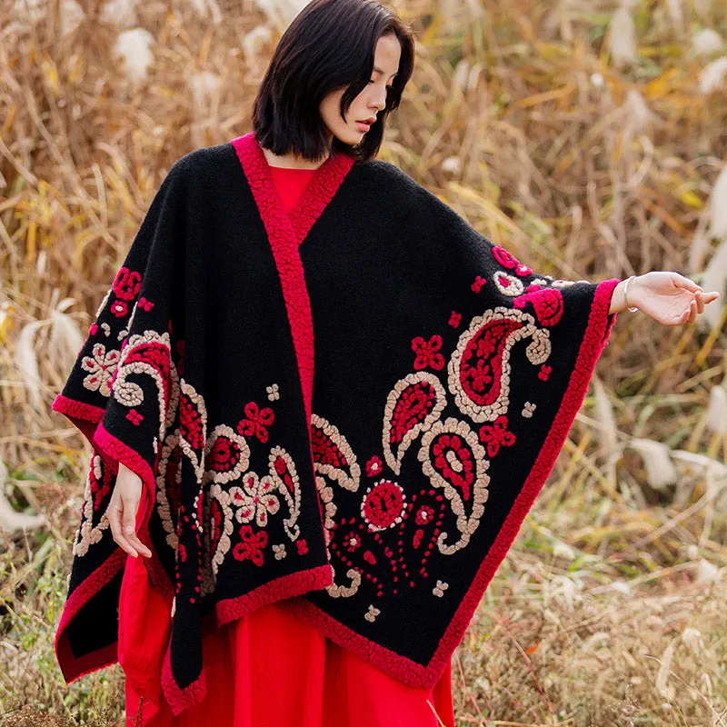 Ethnic style wool shawl, women's autumn and winter cape blanket, oversized scarf, thickened warmth, shawl split shawl