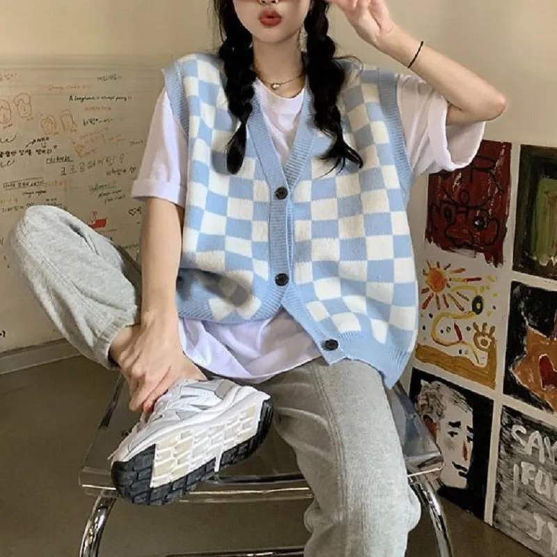 Fashionkova  Korean Style Checkerboard Knitted Sweater Vest Women V-Neck Oversized Plaid Preppy Fashion Sleeveless Knitwear Jacket