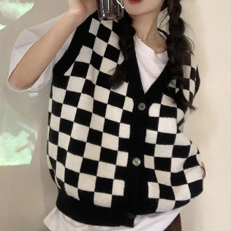 Fashionkova  Korean Style Checkerboard Knitted Sweater Vest Women V-Neck Oversized Plaid Preppy Fashion Sleeveless Knitwear Jacket