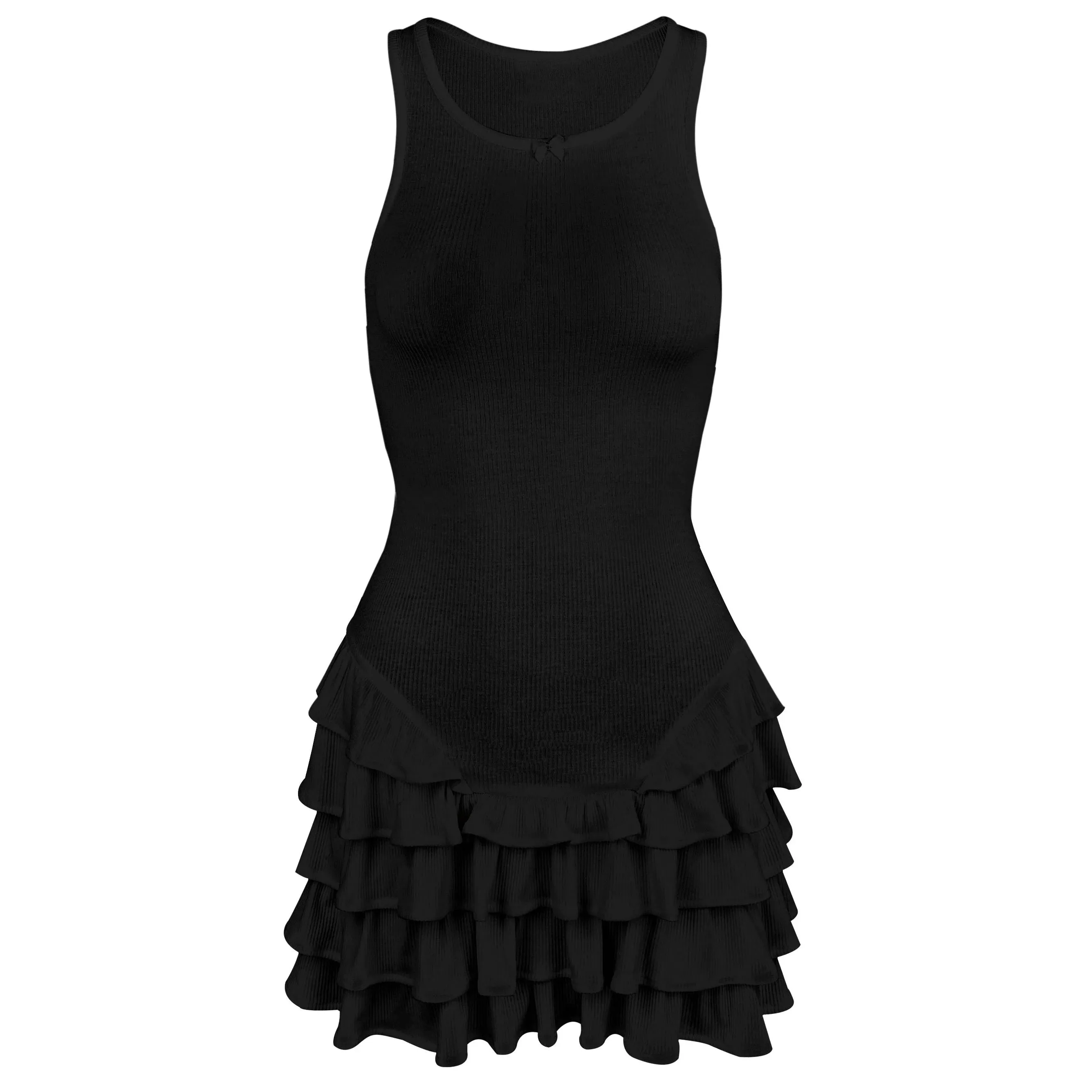 Frill Tank Dress For Women Sexy See-through Sleeveless Slim Solid Vest Mini Dress Ribbed Ruffled Bodycon Dresses Summer