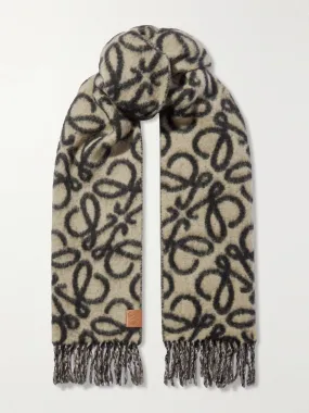 Fringed jacquard-knit scarf in beige