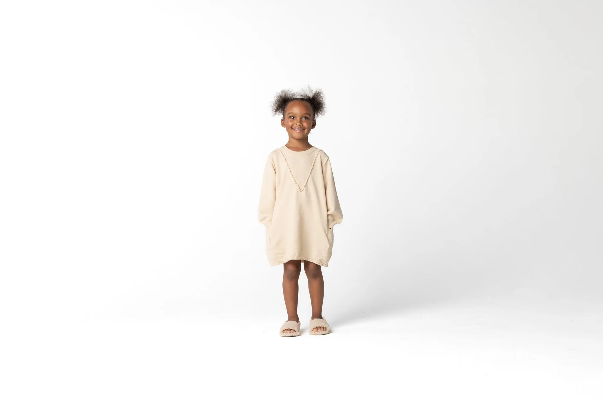 Girls Shift Dress With Patch Pockets in Beige Brushed Knit