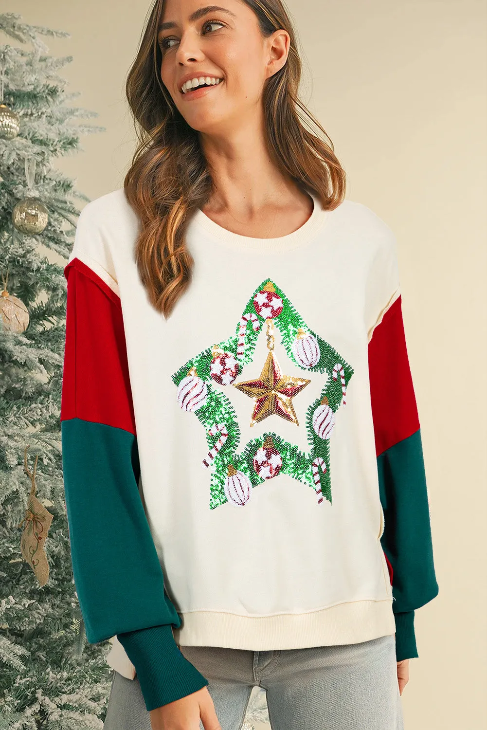 Gothic Outlaws Christmas Star Color Block Sleeve Side Slits Sweatshirt