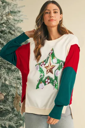 Gothic Outlaws Christmas Star Color Block Sleeve Side Slits Sweatshirt