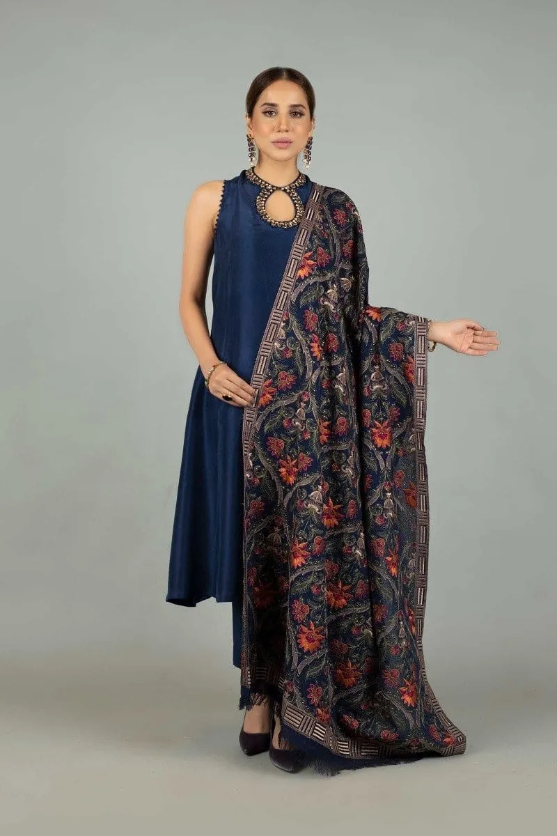 Grace premium D49- Embroidered Karandi  Navy Blue Shawl.