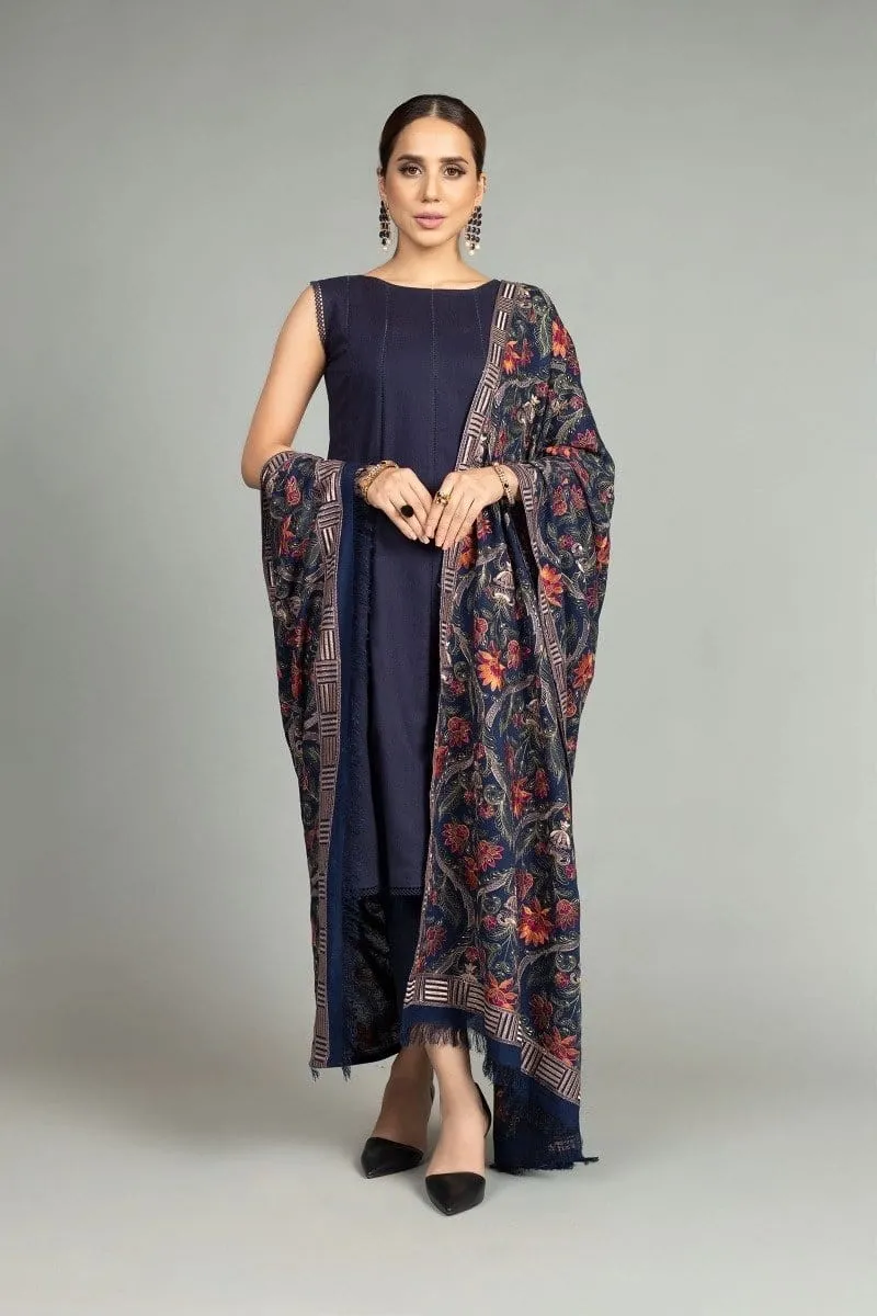 Grace premium D49- Embroidered Karandi  Navy Blue Shawl.