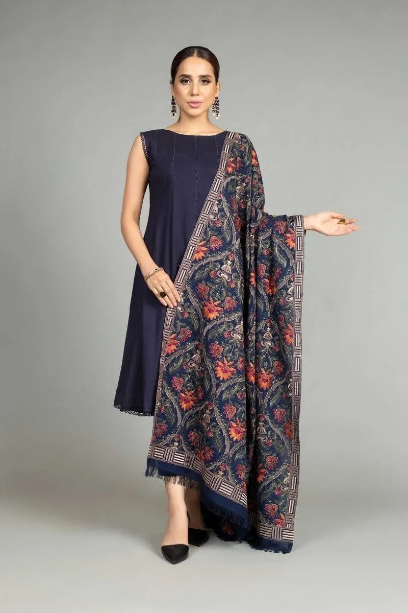 Grace premium D49- Embroidered Karandi  Navy Blue Shawl.