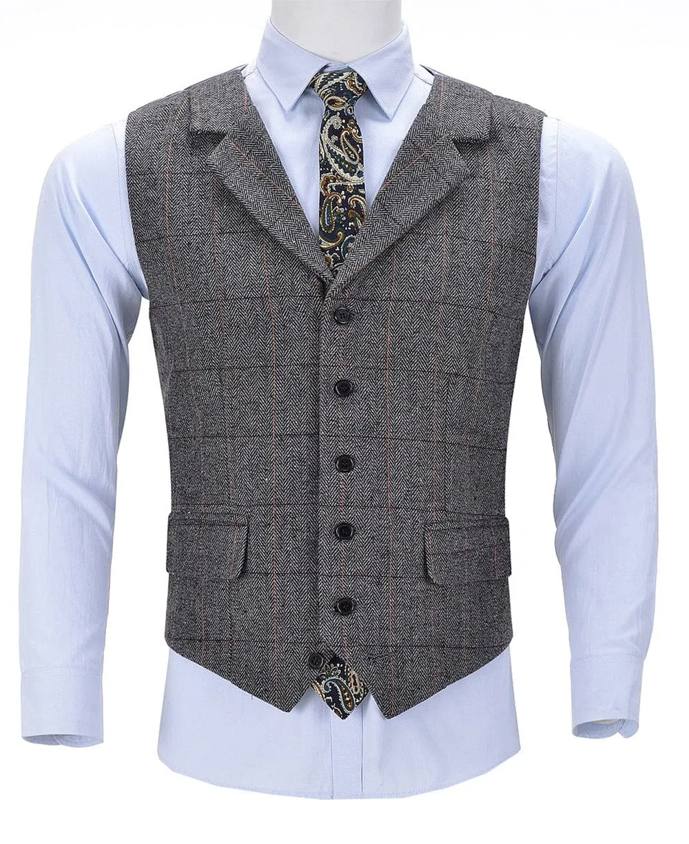 Grey Casual Men's Suit Vest Plaid Notch Lapel Waistcoat