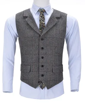 Grey Casual Men's Suit Vest Plaid Notch Lapel Waistcoat