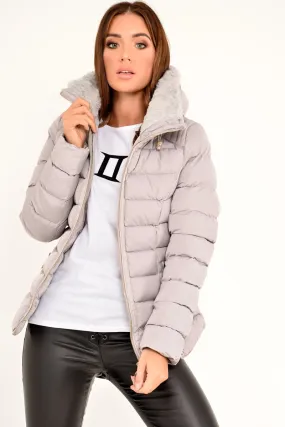 Grey Fur Lined Ring Pull Puffer Coat - Riko