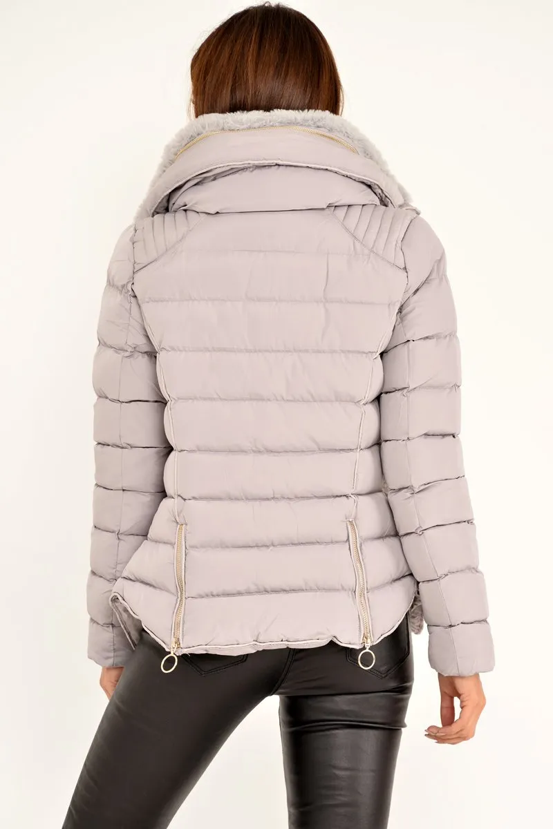 Grey Fur Lined Ring Pull Puffer Coat - Riko