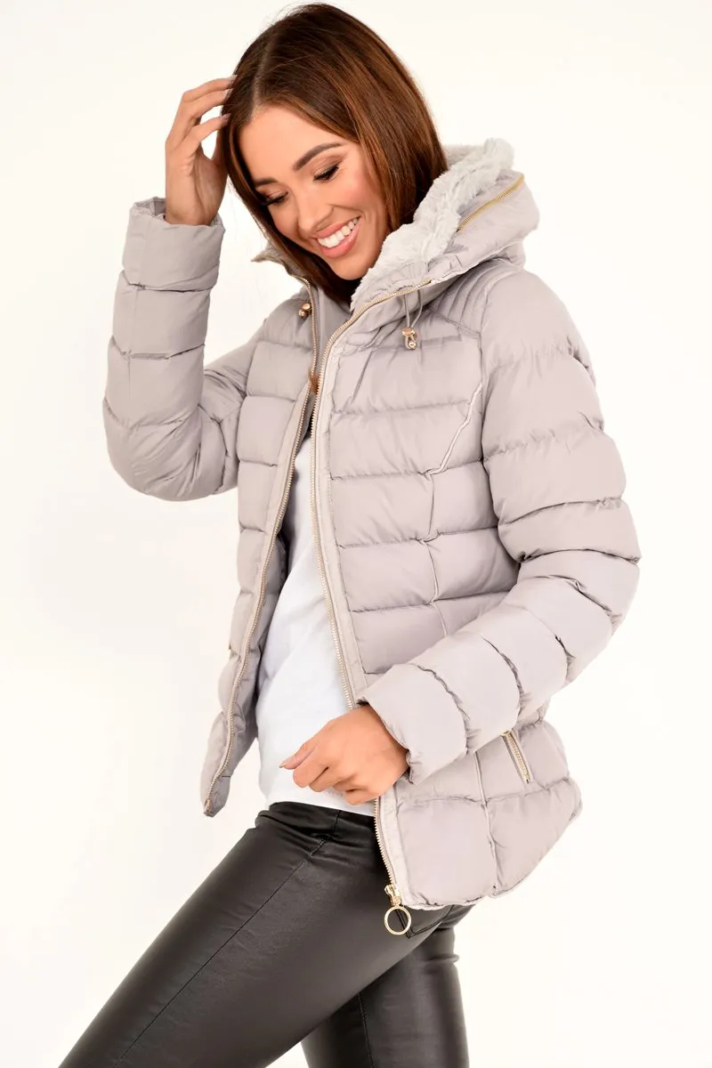 Grey Fur Lined Ring Pull Puffer Coat - Riko