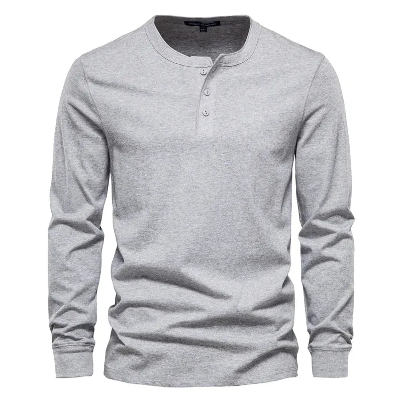 Henley Collar T Shirt Men Casual Solid Color Long Sleeve T Shirt for Men Autumn High Quality 100% Cotton Mens T Shirts