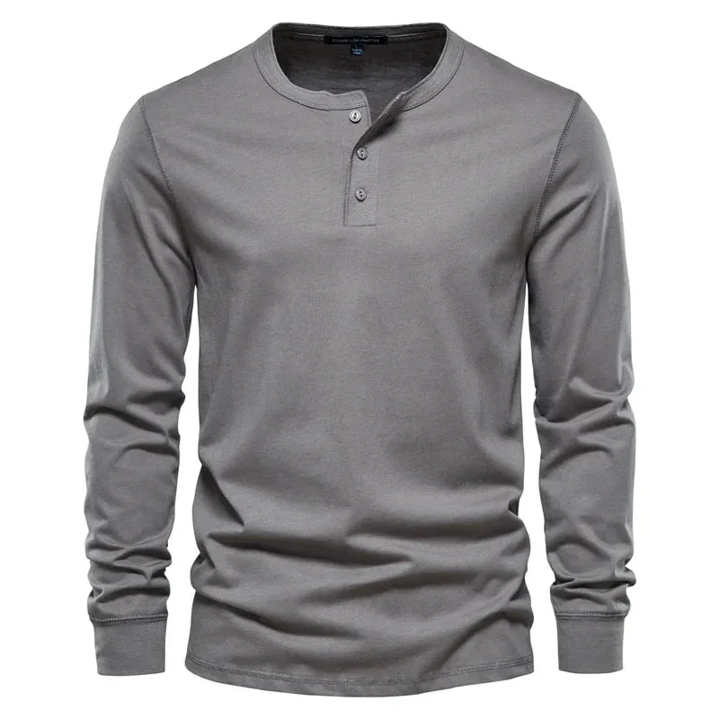 Henley Collar T Shirt Men Casual Solid Color Long Sleeve T Shirt for Men Autumn High Quality 100% Cotton Mens T Shirts