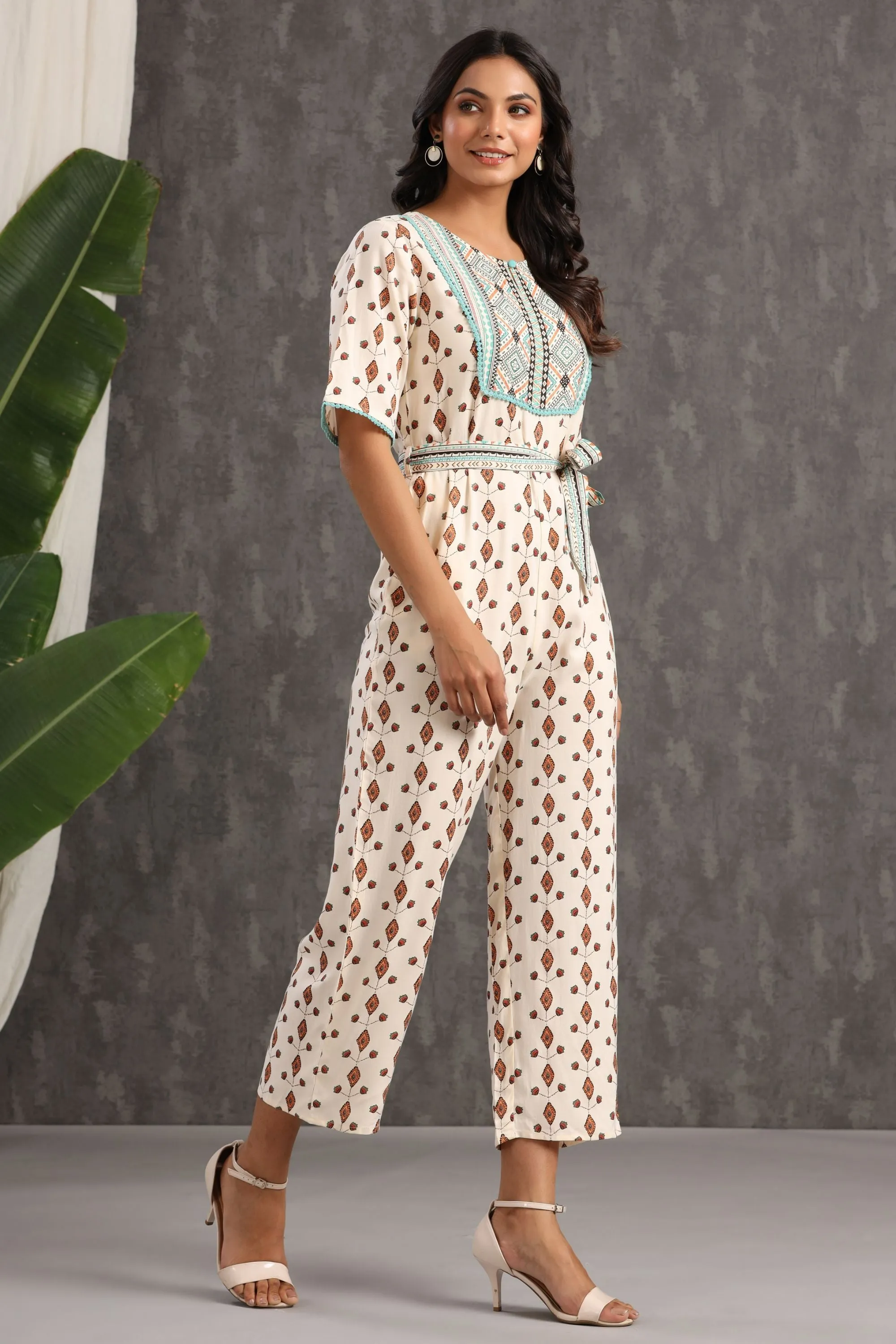 Ivory Rayon Printed Jumpsuit