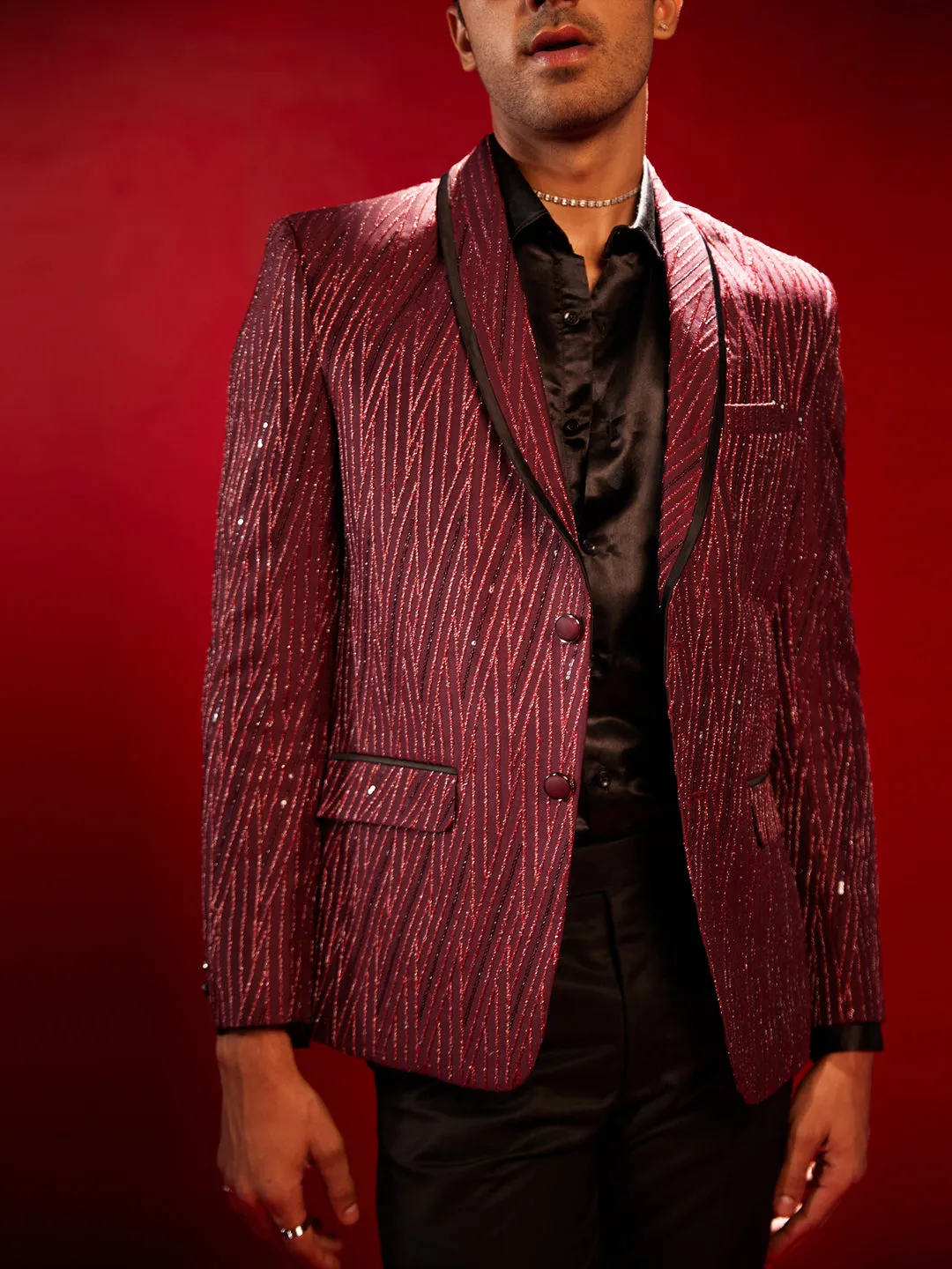 Jashvi Men's Maroon Silk Blend Blazer