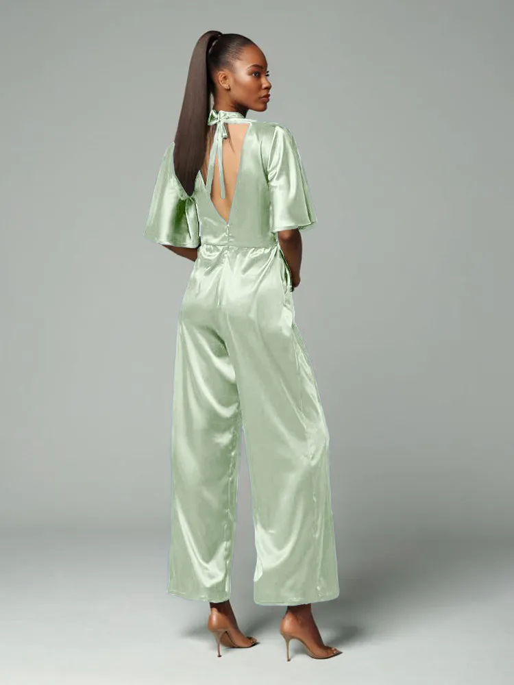 Jumpsuit/Pantsuit V-Neck Half Sleeves Soft Satin Pleats Belt Mother Of The Bride Dress Pants Suits