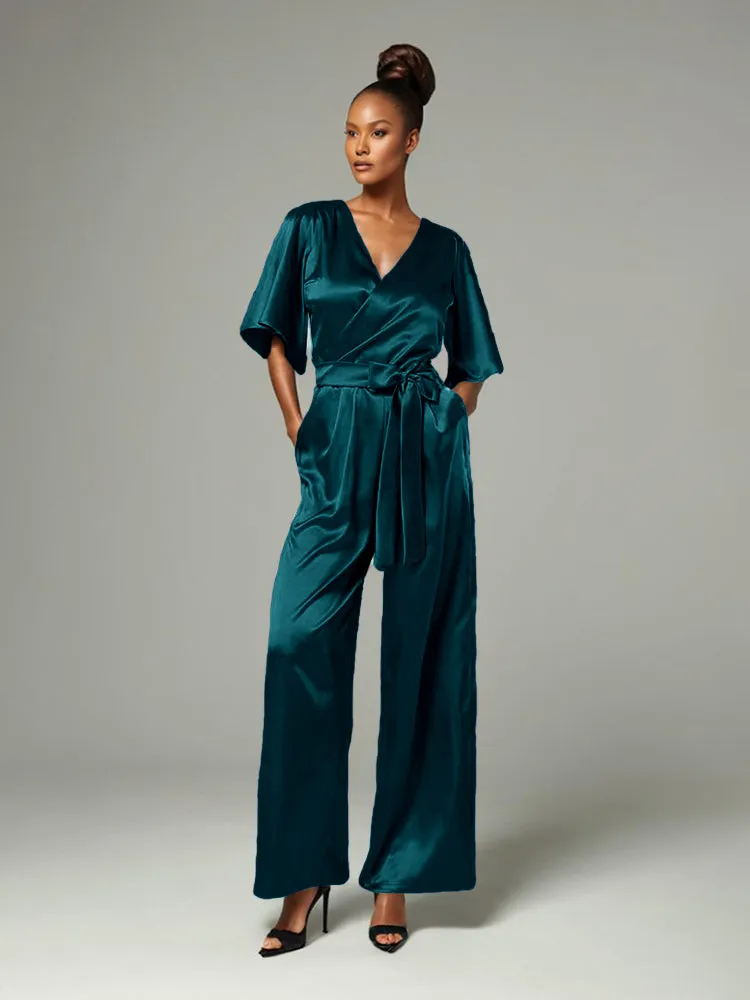 Jumpsuit/Pantsuit V-Neck Half Sleeves Soft Satin Pleats Belt Mother Of The Bride Dress Pants Suits