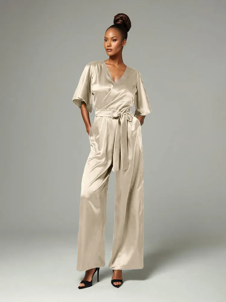 Jumpsuit/Pantsuit V-Neck Half Sleeves Soft Satin Pleats Belt Mother Of The Bride Dress Pants Suits