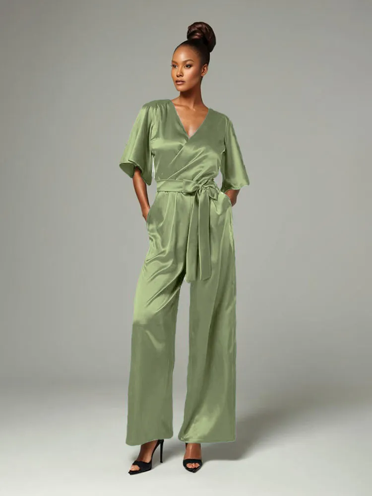 Jumpsuit/Pantsuit V-Neck Half Sleeves Soft Satin Pleats Belt Mother Of The Bride Dress Pants Suits