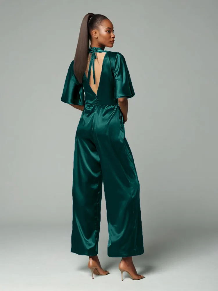 Jumpsuit/Pantsuit V-Neck Half Sleeves Soft Satin Pleats Belt Mother Of The Bride Dress Pants Suits