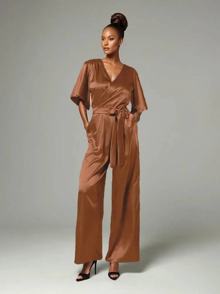 Jumpsuit/Pantsuit V-Neck Half Sleeves Soft Satin Pleats Belt Mother Of The Bride Dress Pants Suits