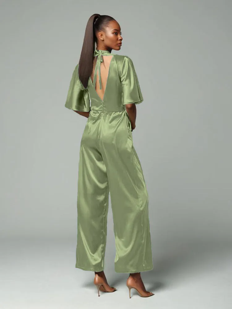 Jumpsuit/Pantsuit V-Neck Half Sleeves Soft Satin Pleats Belt Mother Of The Bride Dress Pants Suits