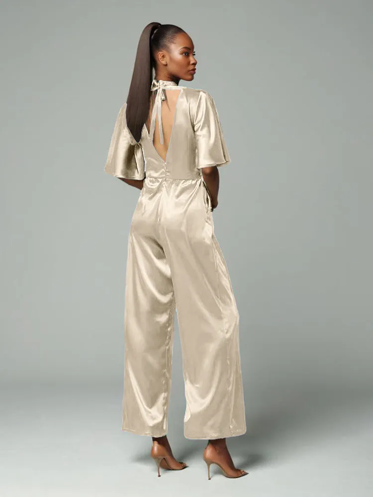 Jumpsuit/Pantsuit V-Neck Half Sleeves Soft Satin Pleats Belt Mother Of The Bride Dress Pants Suits