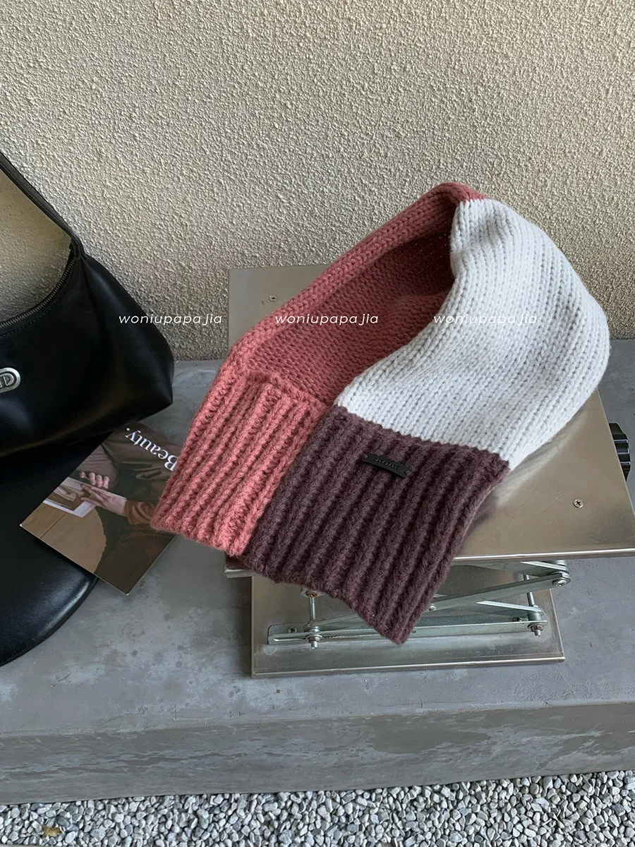 Knitted Wool Color Matching Sleeve Cap Warm Ear Protection Hat Scarf