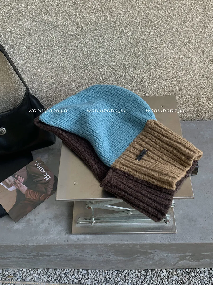 Knitted Wool Color Matching Sleeve Cap Warm Ear Protection Hat Scarf