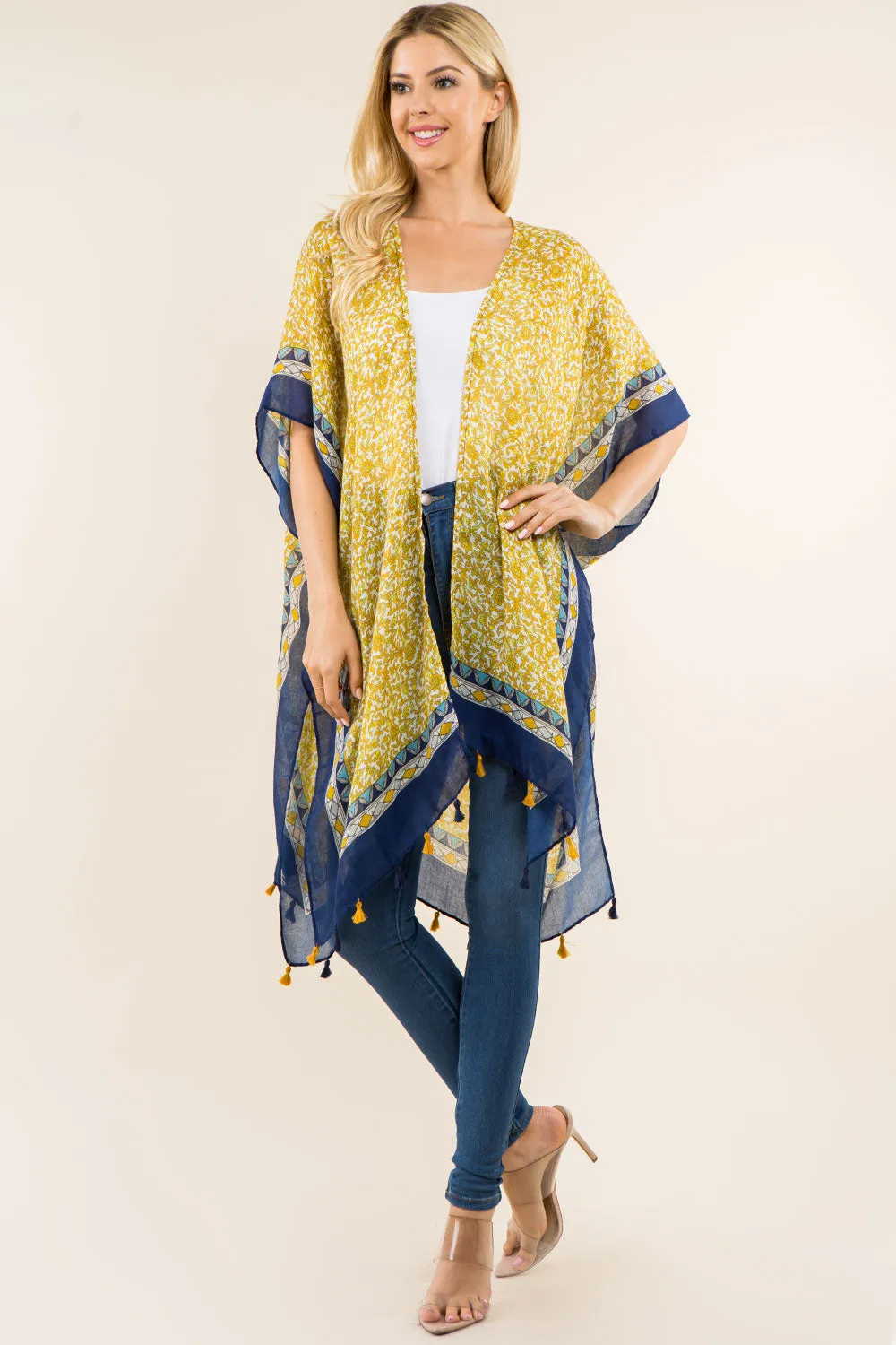 KP-3360 flower border kimono with tassels