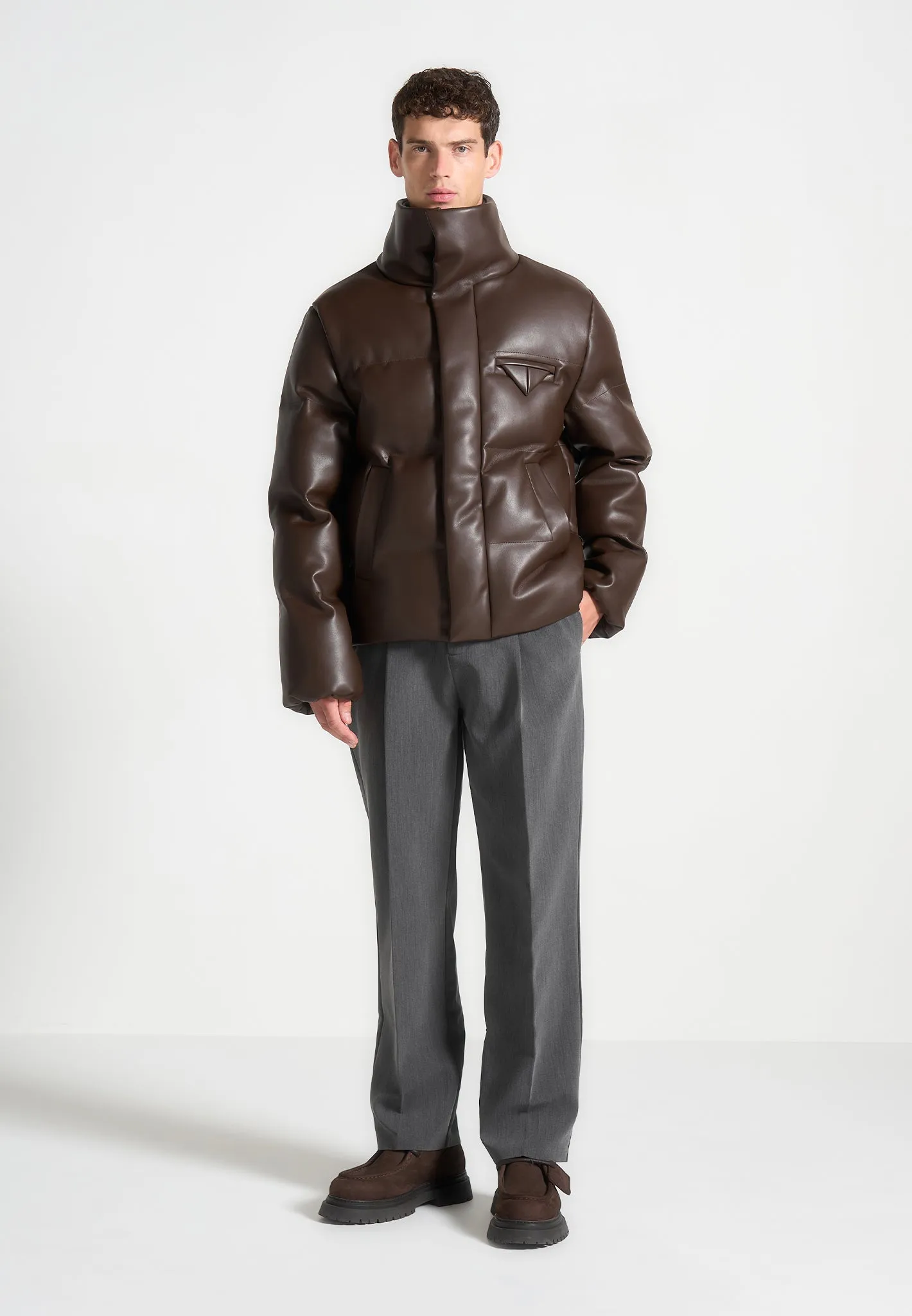 Leather Puffer Jacket - Brown