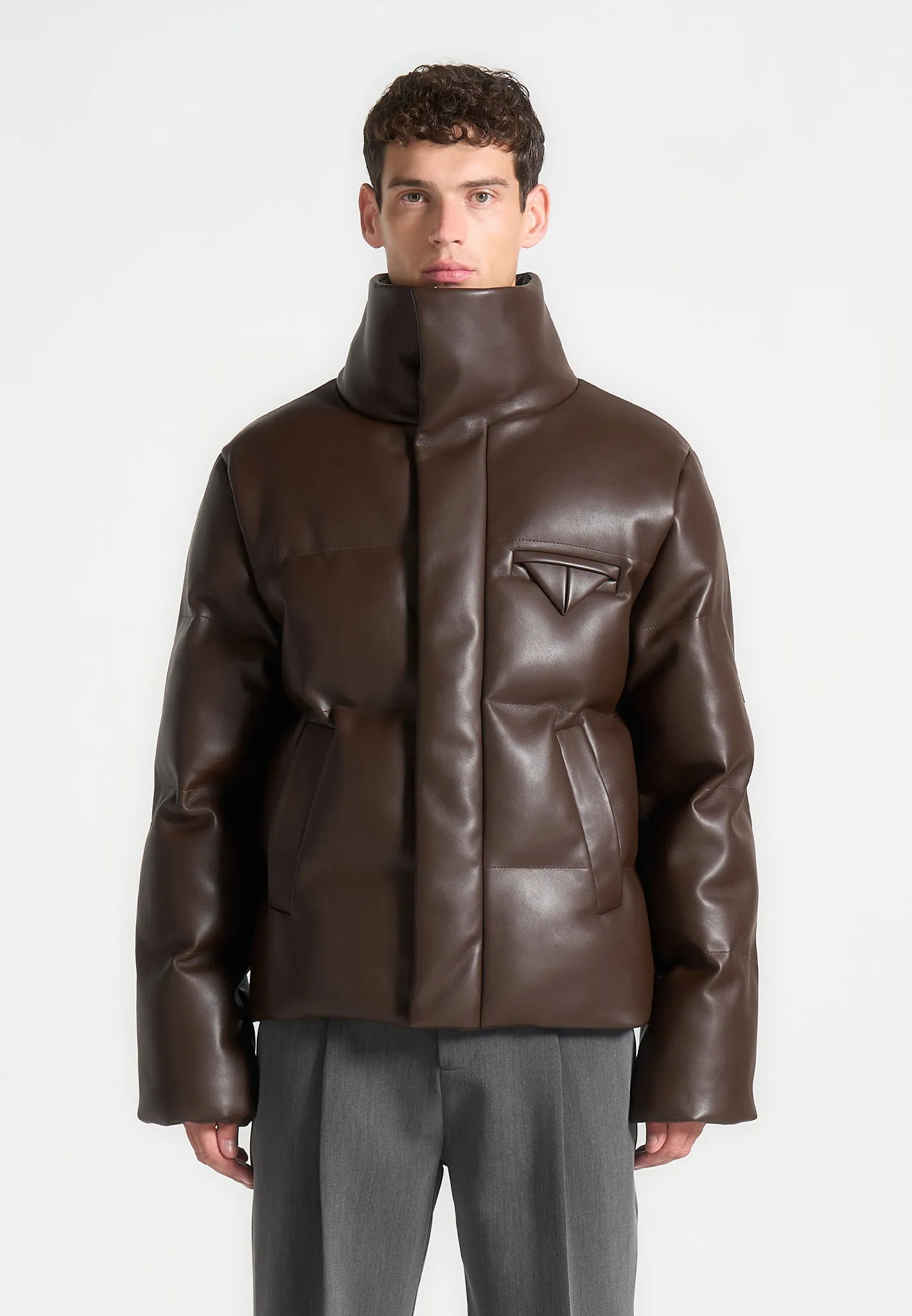 Leather Puffer Jacket - Brown