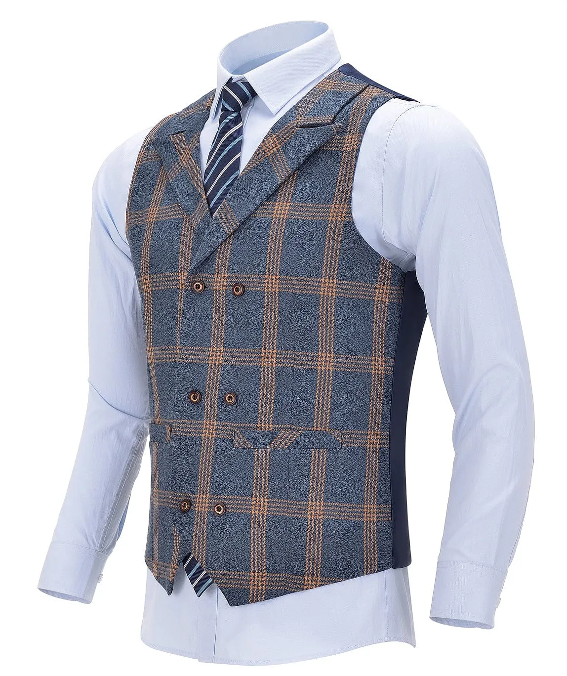 Light Navy Plaid Peak Lapel Waistcoat Casual Slim Fit Suit Vest