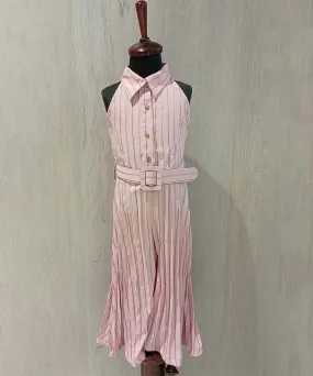 Light Pink Colored Striped Jumpsuit with Belt for Girl