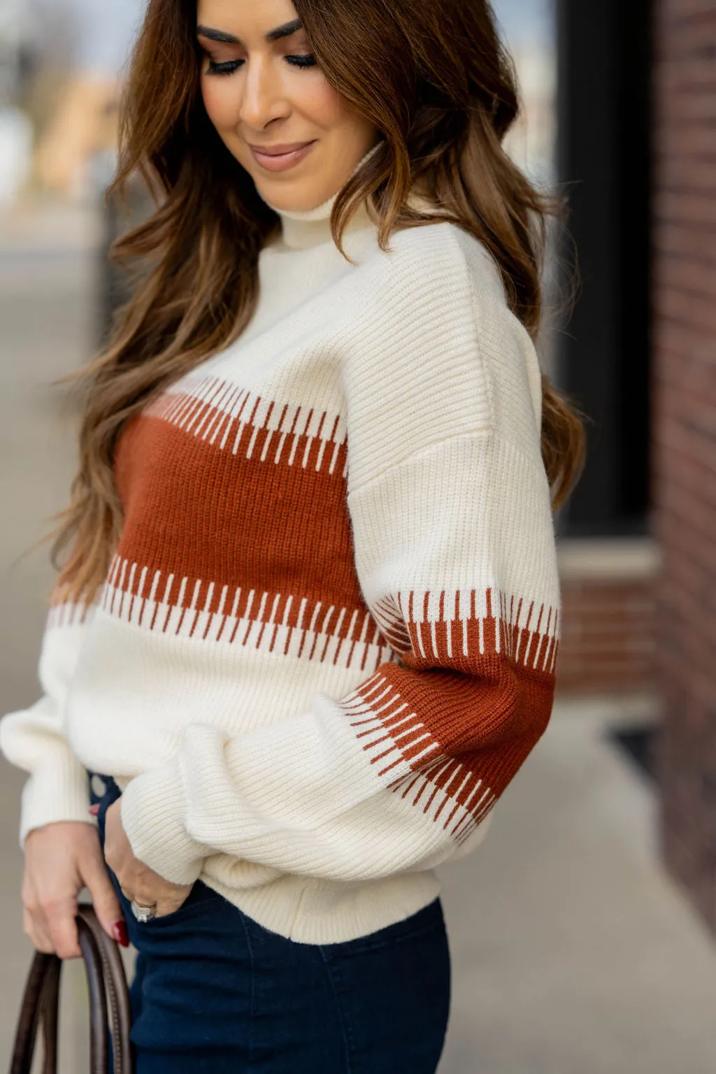 Lined Stripe Relaxed Sleeve Turtleneck Sweater