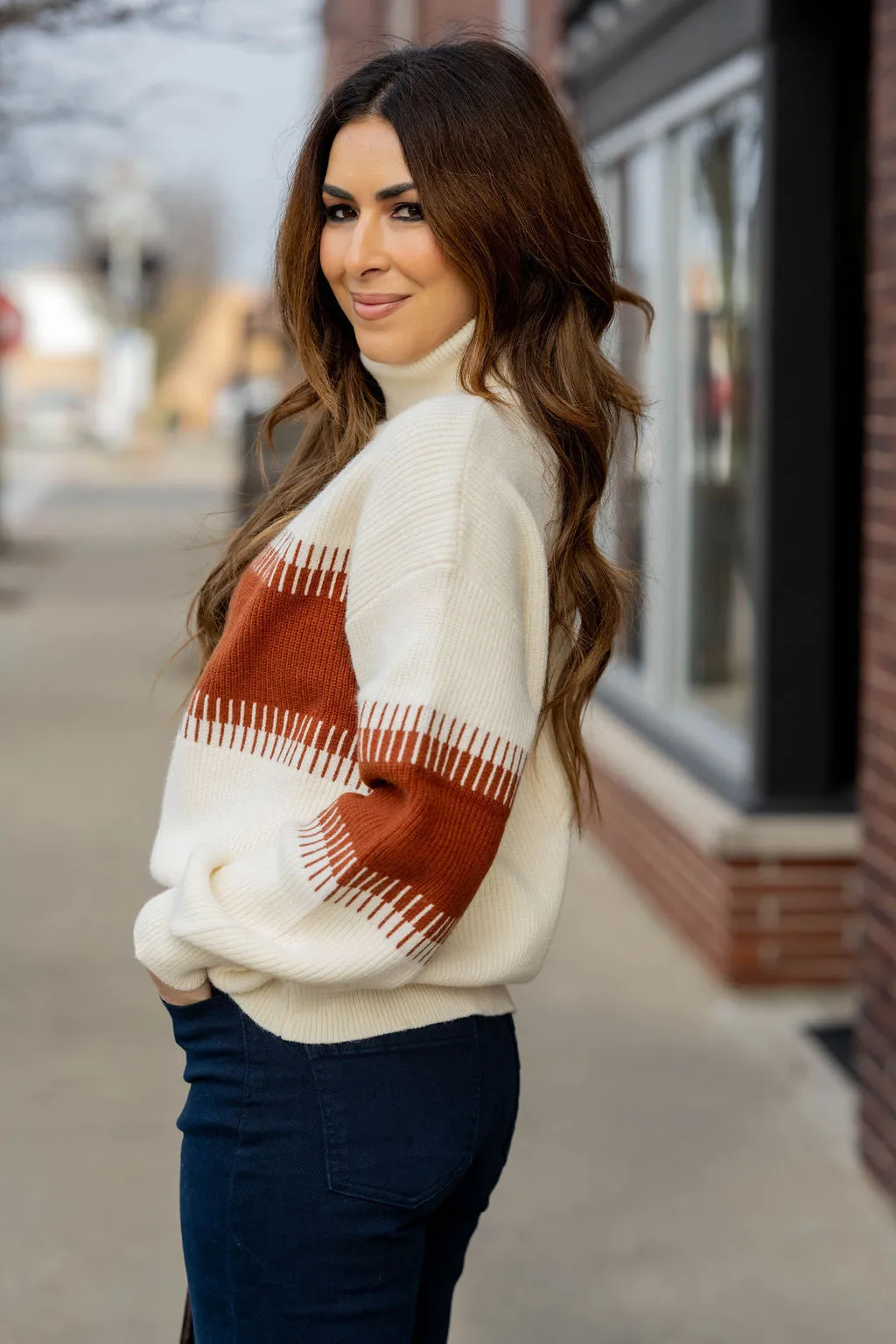 Lined Stripe Relaxed Sleeve Turtleneck Sweater